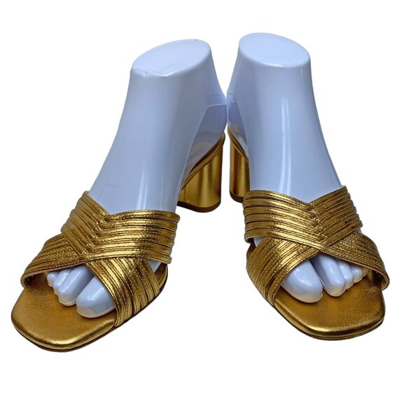 Via Spiga‎ Rafaela Gold Leather Block Heel Slide Sandals  NWOB - Picture 6 of 11